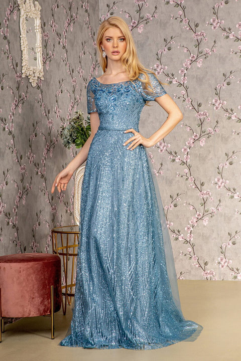 GLS Gloria GL3493 Glitter Print Short Sleeve A-line Gown