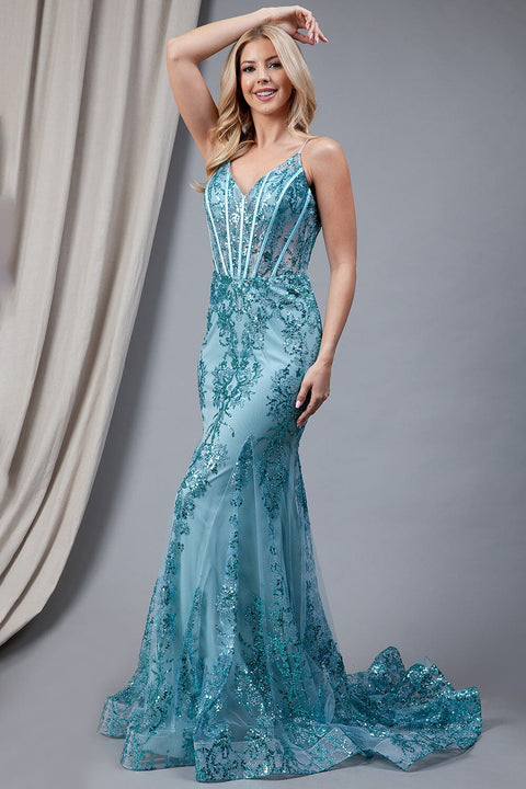 Amelia Couture BZ015 V-Neck Mermaid Gown with Glitter Prin