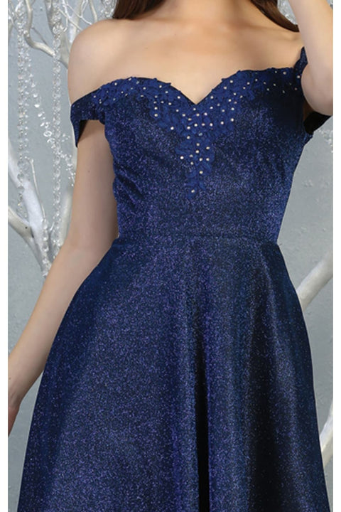 May Queen MQ1788 Off-Shoulder Metallic Short Graduation Homecoming Dress