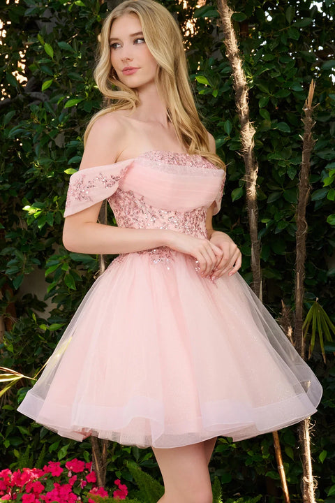 Elizabeth K GS3859 Glitter Short Off Shoulder Homecoming Dress