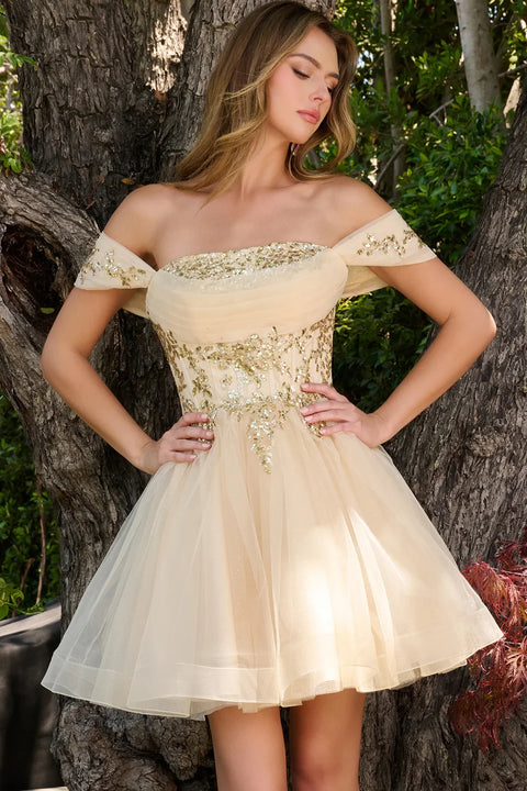 Elizabeth K GS3859 Glitter Short Off Shoulder Homecoming Dress