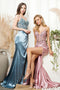 Juno M1024's Sleeveless Satin Gown with Intricate Embroidery and a Flattering Fit