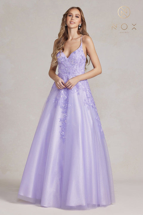 Nox Anabel V-Neck Tulle Gown with Lace Appliqué E1178