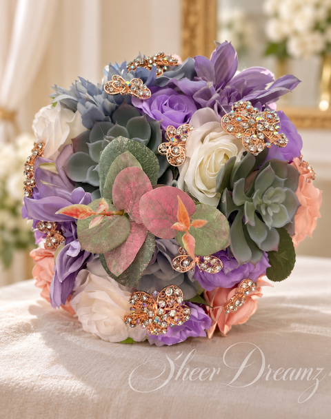 Lilac rose and succulent quinceañera bouquet with rose gold brooches by Sheer Dreamz