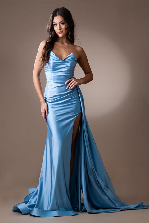 Amelia Couture 3013 Fitted Strapless Lycra Gown with Slit