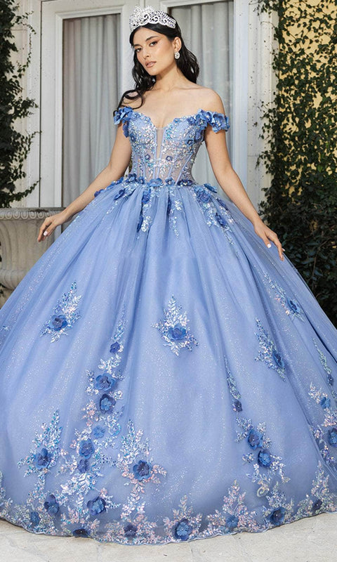 May Queen LK262 Illusion Floral Appliqué Ballgown with Elegant Silhouette
