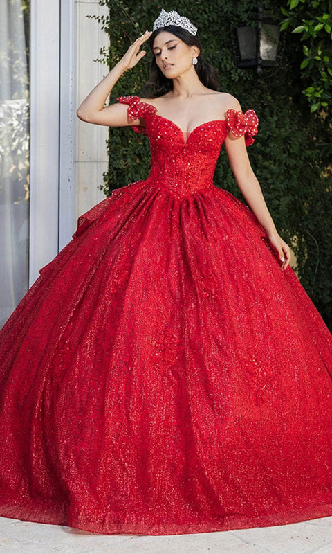 May Queen LK265 Sequin Off‑Shoulder Ballgown with Sparkling Silhouette