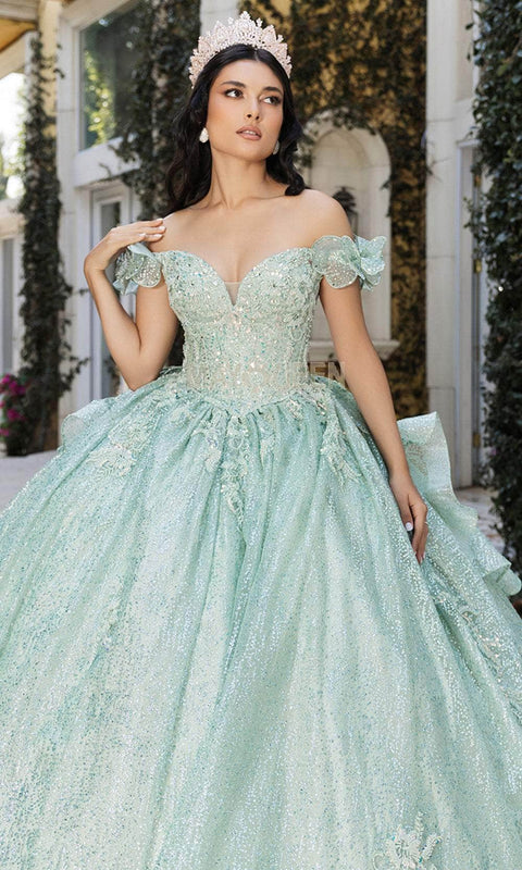 May Queen LK265 Sequin Off‑Shoulder Ballgown with Sparkling Silhouette