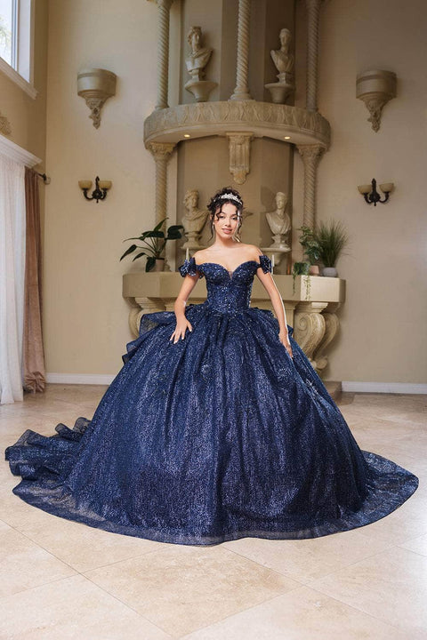 May Queen LK265 Sequin Off‑Shoulder Ballgown with Sparkling Silhouette