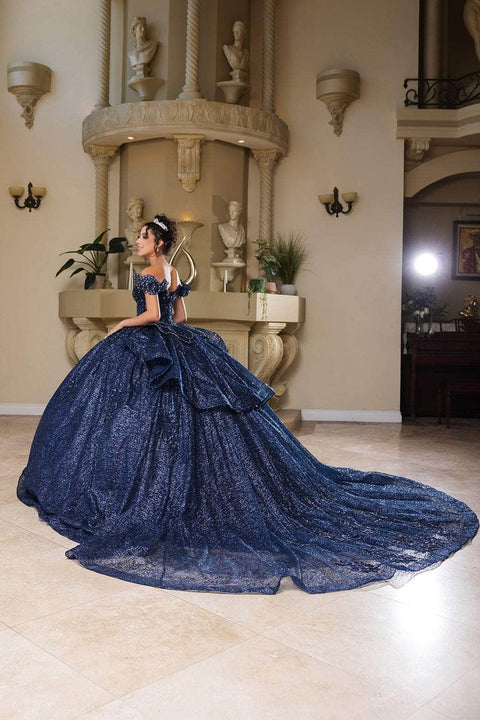 May Queen LK265 Sequin Off‑Shoulder Ballgown with Sparkling Silhouette