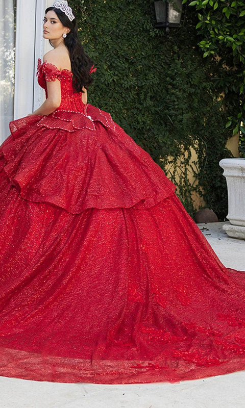 May Queen LK265 Sequin Off‑Shoulder Ballgown with Sparkling Silhouette