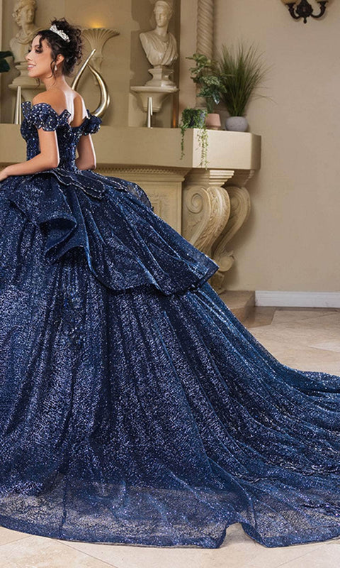 May Queen LK265 Sequin Off‑Shoulder Ballgown with Sparkling Silhouette