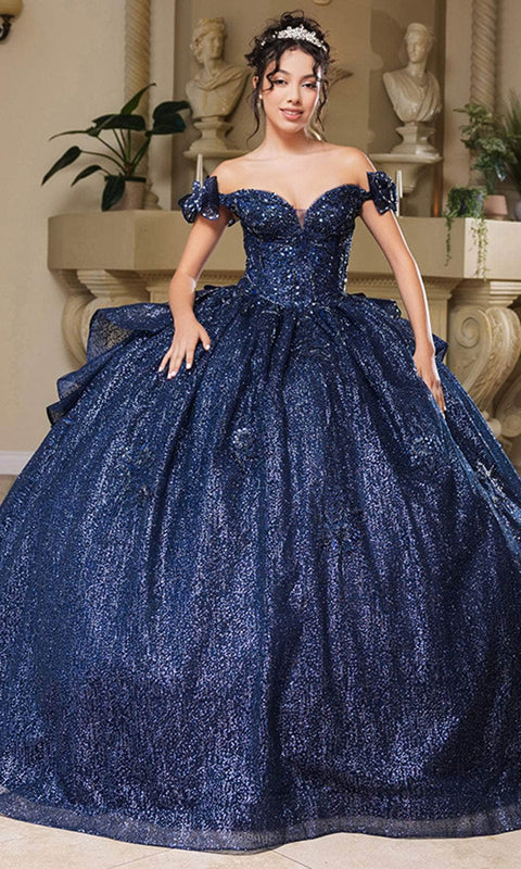 May Queen LK265 Sequin Off‑Shoulder Ballgown with Sparkling Silhouette