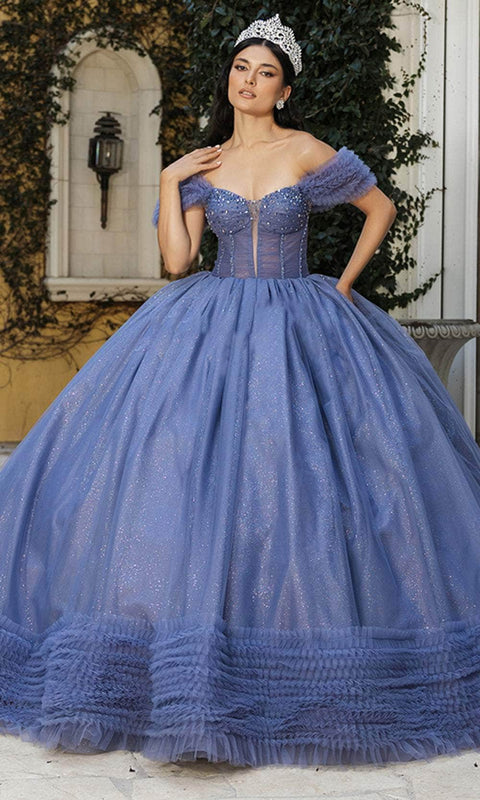 May Queen LK266 Ruffle Off‑Shoulder Ballgown with Elegant Silhouette