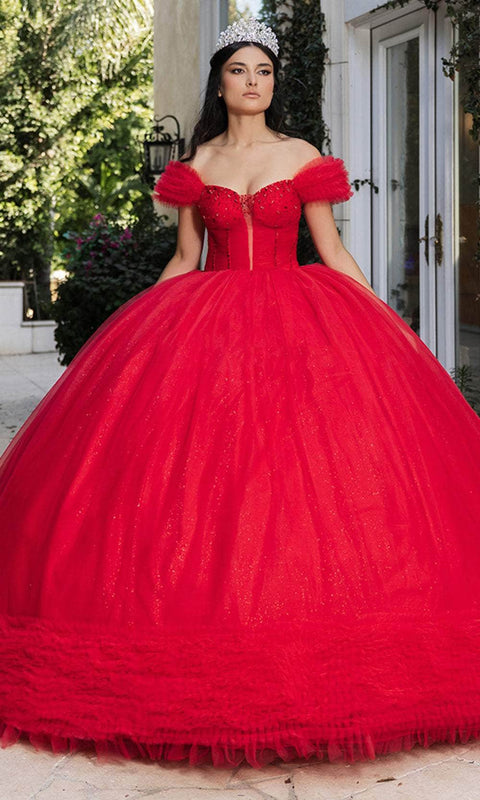 May Queen LK266 Ruffle Off‑Shoulder Ballgown with Elegant Silhouette