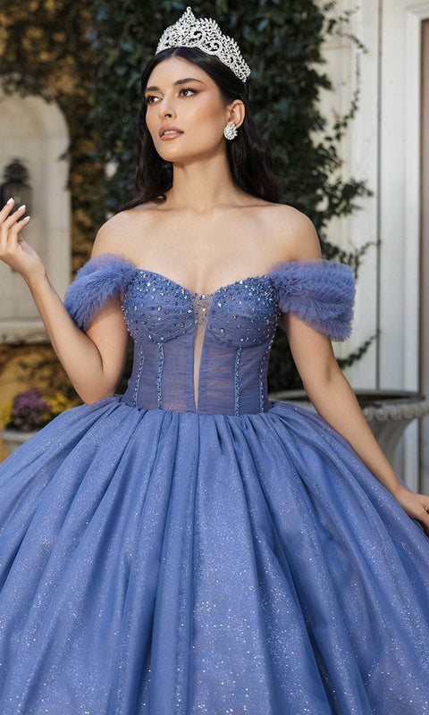 May Queen LK266 Ruffle Off‑Shoulder Ballgown with Elegant Silhouette