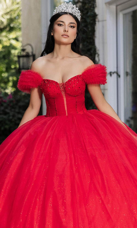 May Queen LK266 Ruffle Off‑Shoulder Ballgown with Elegant Silhouette