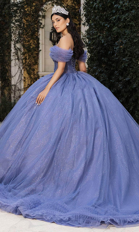 May Queen LK266 Ruffle Off‑Shoulder Ballgown with Elegant Silhouette