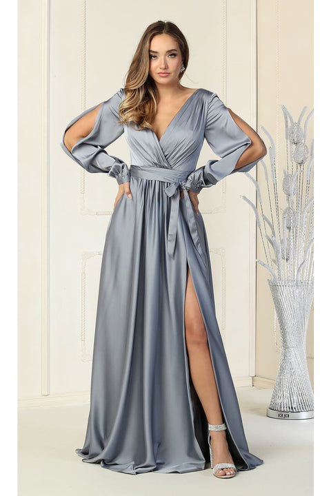 May Queen MQ1857 Split Long-Sleeve High-Slit Elegant Evening Gown