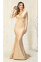 May Queen MQ1873 Long-Sleeve Stretchy V-Neck Bodycon Evening Gown