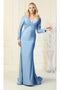 May Queen MQ1873 Long-Sleeve Stretchy V-Neck Bodycon Evening Gown