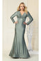 May Queen MQ1873 Long-Sleeve Stretchy V-Neck Bodycon Evening Gown