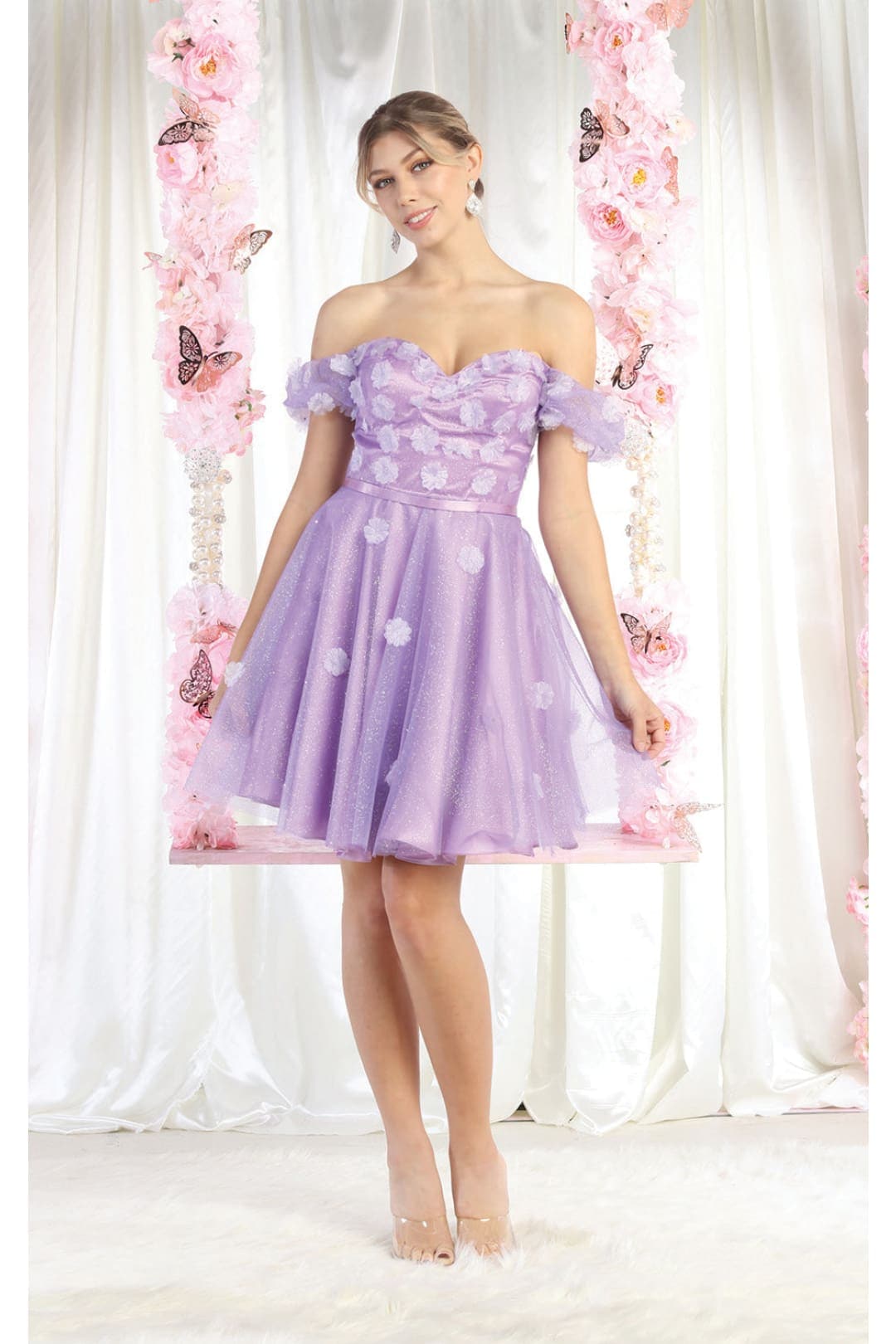 May Queen MQ1934 Off-Shoulder 3D Floral Cocktail Dress sheerdreamz