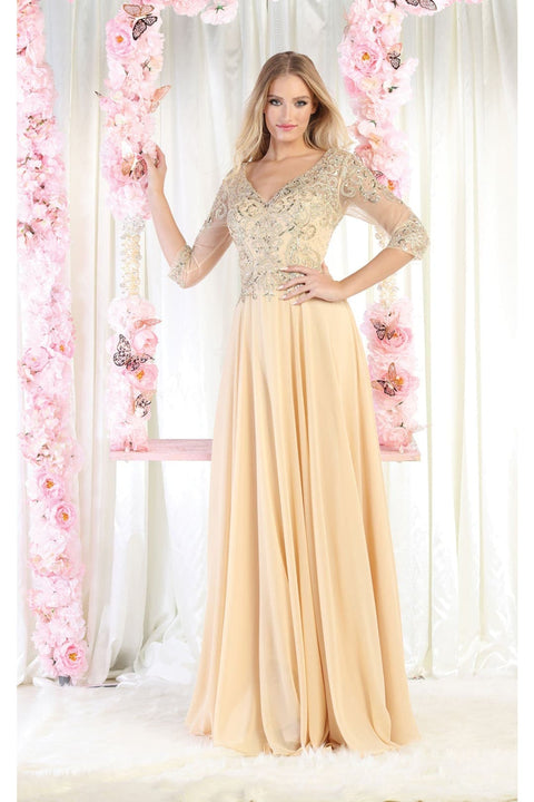 May Queen MQ1936 V-Neck Embroidered Mother of the Bride A-Line Dress