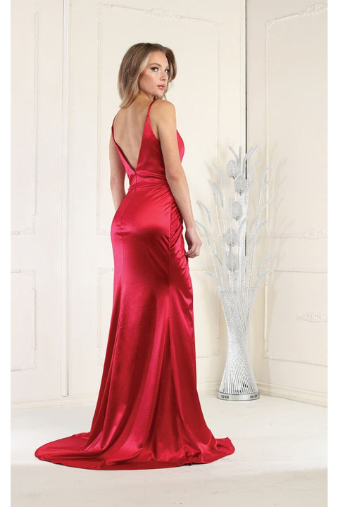 May Queen MQ1955 V-Neck Sleeveless Ruched Satin Evening Gown