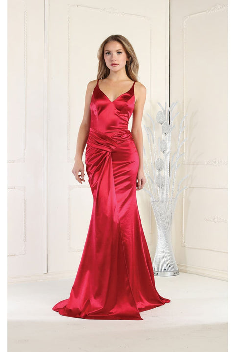 May Queen MQ1955 V-Neck Sleeveless Ruched Satin Evening Gown