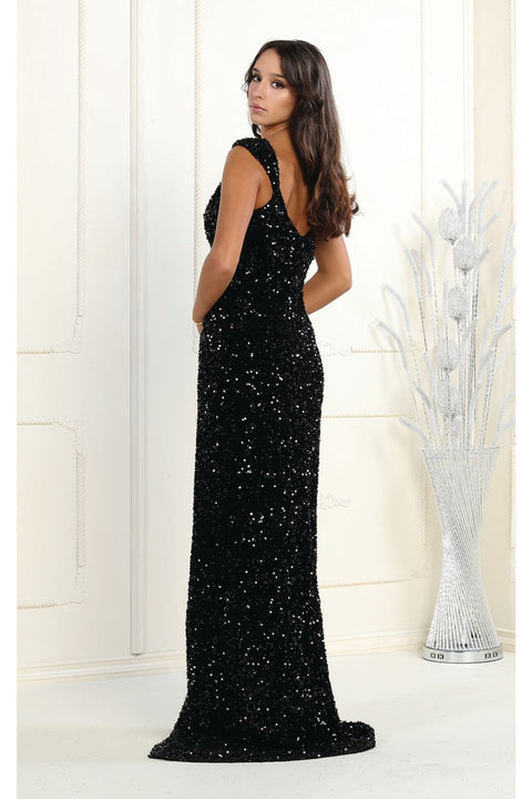 May Queen MQ1957 Off-Shoulder V-Neck Long Sequin Gown