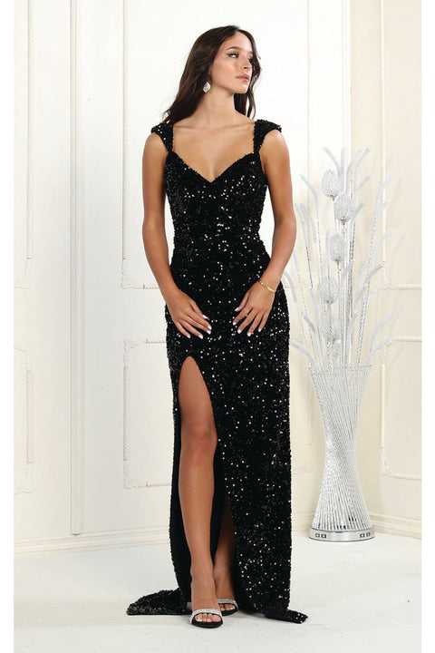 May Queen MQ1957 Off-Shoulder V-Neck Long Sequin Gown