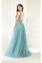 May Queen MQ1971 Embroidered V-neck A-Line Prom Dress with Sheer Bodice