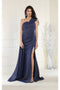 May Queen MQ1976 Asymmetrical One-Shoulder Prom Gown with Dramatic Side Cape