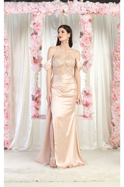 May Queen MQ1977 Off-Shoulder Sheer Bodice Red Carpet Gown with Embellished Embroidery