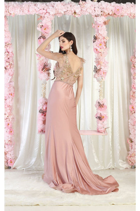 May Queen MQ1981 Dusty Rose V-Neck Sheath Evening Gown with 3D Applique Details