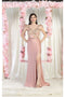 May Queen MQ1981 Dusty Rose V-Neck Sheath Evening Gown with 3D Applique Details