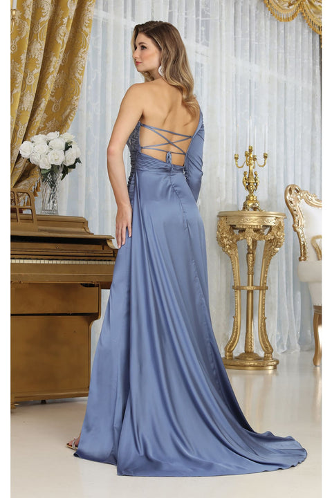 May Queen MQ1985 Satin One-Sleeve Gown with Strappy Back for Prom & Evening
