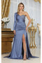 May Queen MQ1985 Satin One-Sleeve Gown with Strappy Back for Prom & Evening