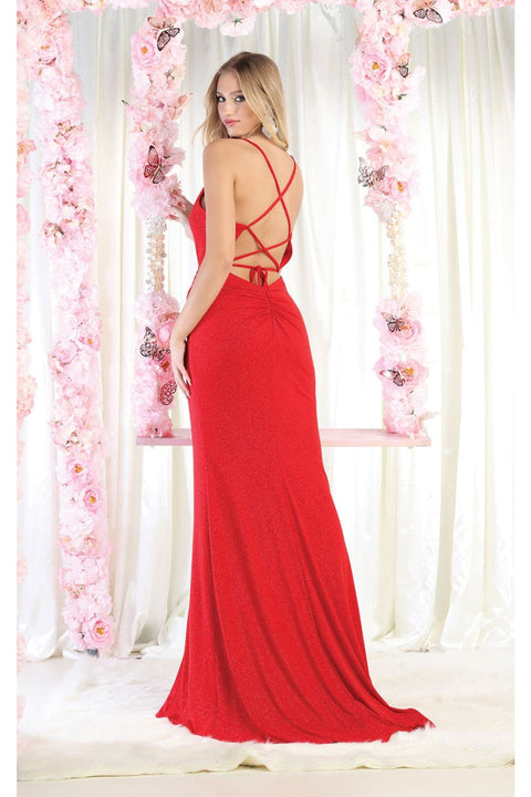 May Queen MQ1987 Crisscross Back Sheath Prom Dress with High Slit