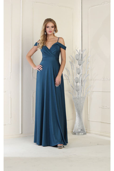 May Queen MQ1988 V-Neck Cold-Shoulder Ruched Long A-Line Dress