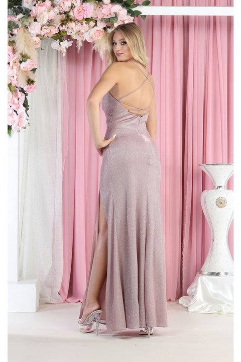 May Queen MQ1989 Spaghetti Strap Sheath Evening Dress with High Slit and Crisscross Back
