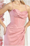 May Queen MQ1992 Satin Cowl Neck Bridesmaids Dress with High Slit and Sweep Train