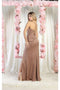 May Queen MQ1992 Satin Cowl Neck Bridesmaids Dress with High Slit and Sweep Train