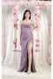 May Queen MQ1992 Satin Cowl Neck Bridesmaids Dress with High Slit and Sweep Train