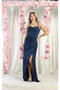 May Queen MQ1992 Satin Cowl Neck Bridesmaids Dress with High Slit and Sweep Train