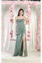 May Queen MQ1992 Satin Cowl Neck Bridesmaids Dress with High Slit and Sweep Train