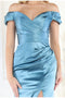 May Queen MQ1997 Off-Shoulder Satin Bridesmaids Gown with High Slit and Sweep Train