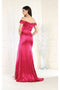 May Queen MQ1997 Off-Shoulder Satin Bridesmaids Gown with High Slit and Sweep Train