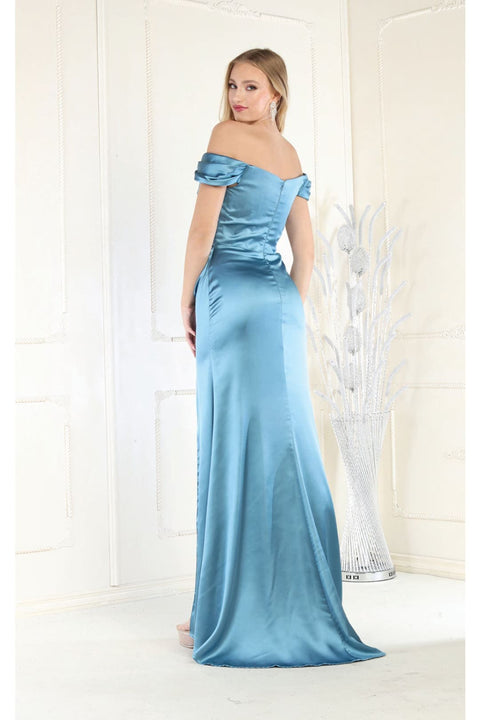 May Queen MQ1997 Off-Shoulder Satin Bridesmaids Gown with High Slit and Sweep Train